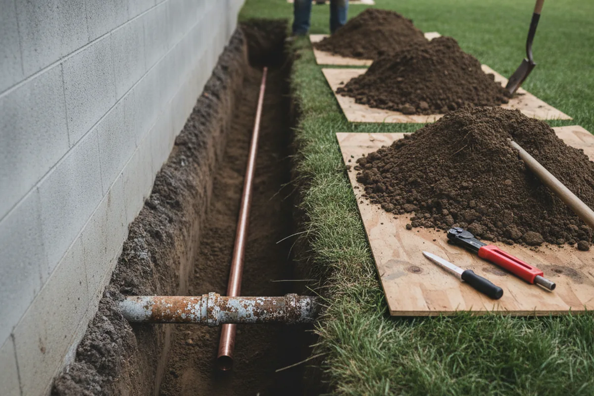 Excavated water line trench during Water Heater Repair in East Troy